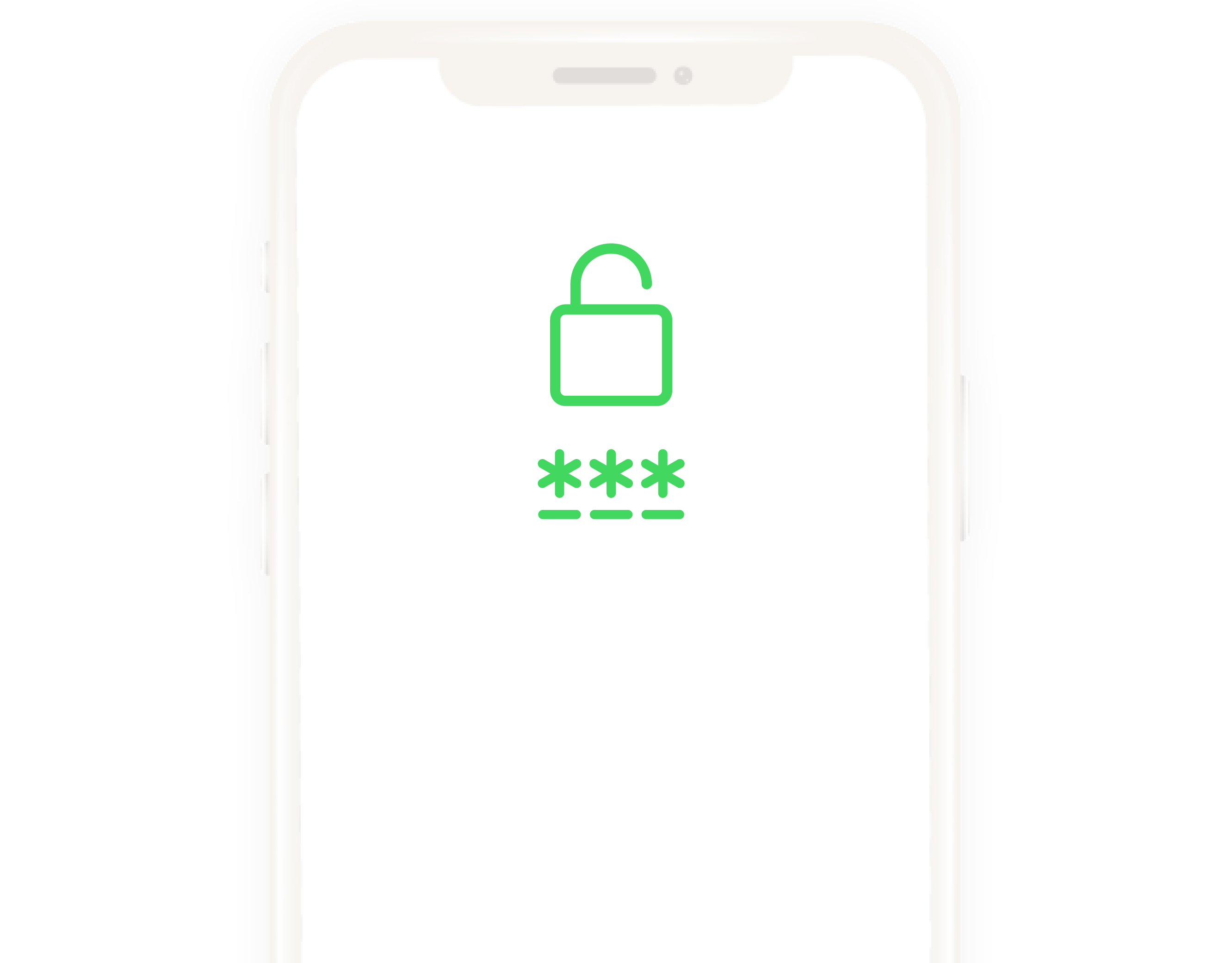 Illustration of the upper half of a smartphone. On the white screen there is a green icon of an open security lock with three asterisks under it.