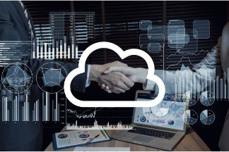 Icon of a data cloud. In the background you can see graphics and two people holding hands.