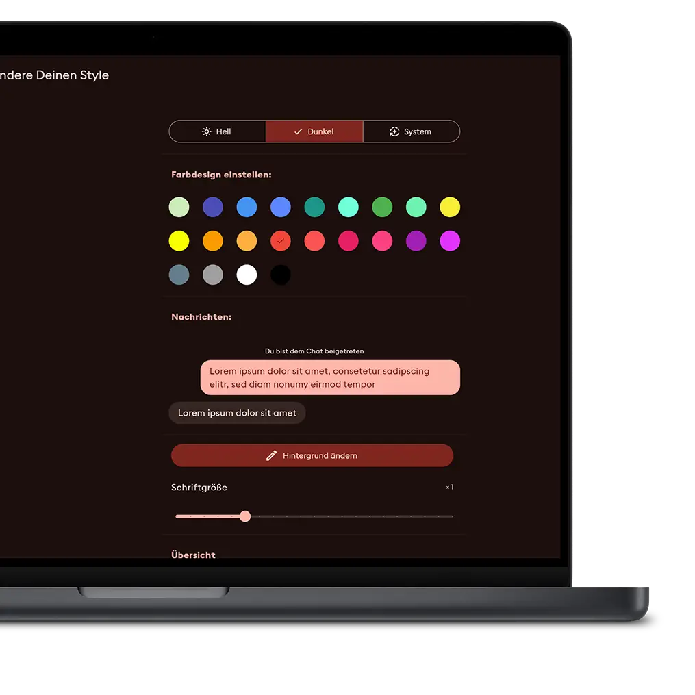 Laptop displaying the luckychat app, showing dark mode and various color customization options for the interface.