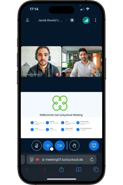 Smartphone mit geöffneter luckymeet-Videokonferenz, in der zwei Personen ihre Meeting-Notizen miteinander teilen und bearbeiten.