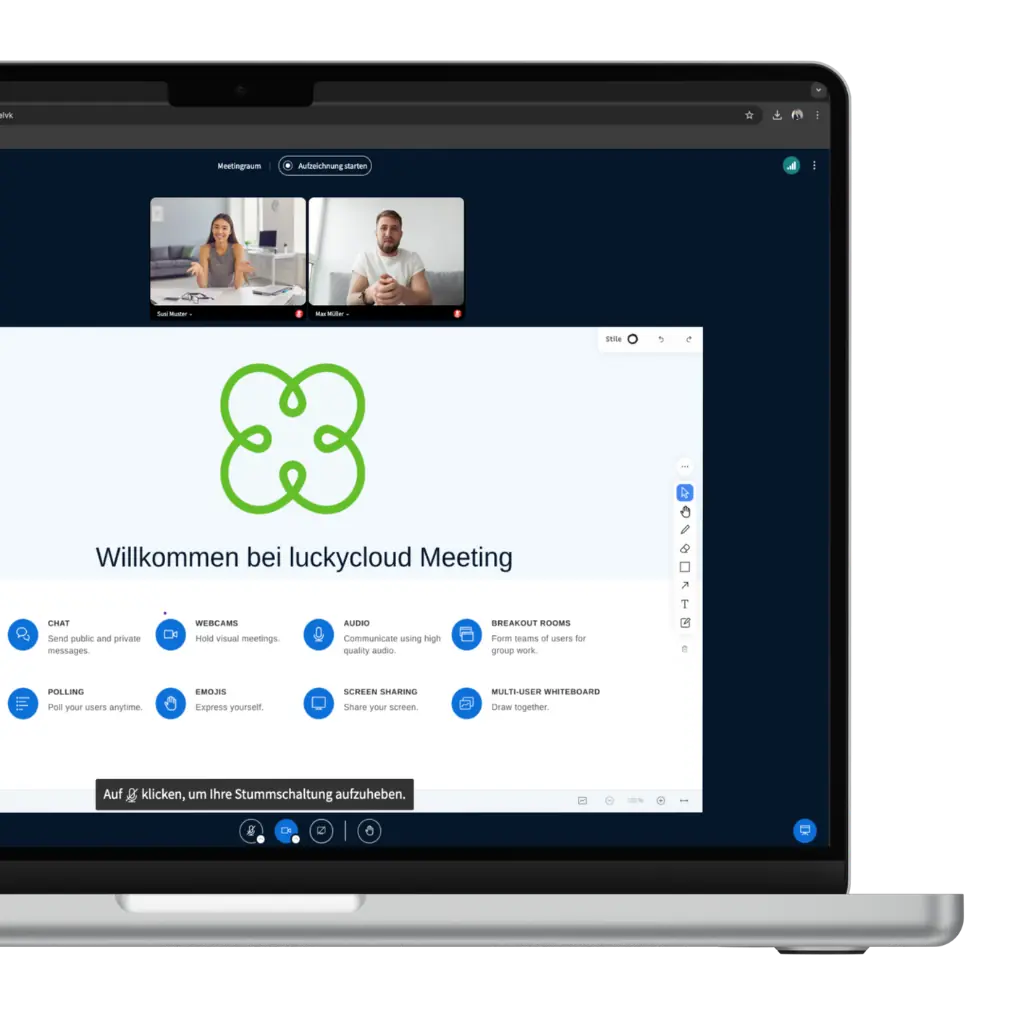 Laptop mit geöffneter luckymeet-Videokonferenz, in der zwei Personen eine Präsentation teilen.