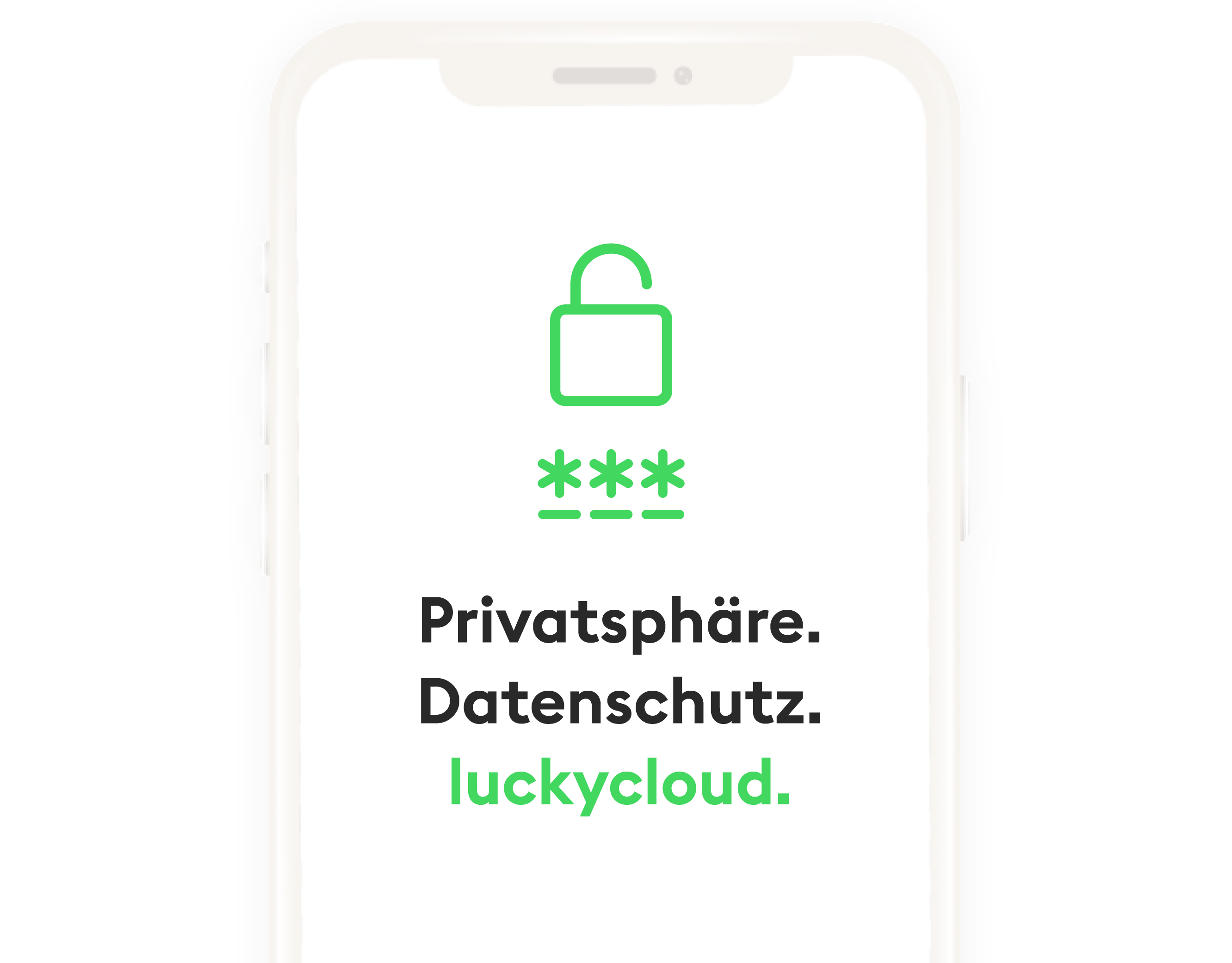 Darstellung eines Smartphones mit den Wörtern Privatsphäre, Datenschutz, luckycloud auf dem Bildschirm.
