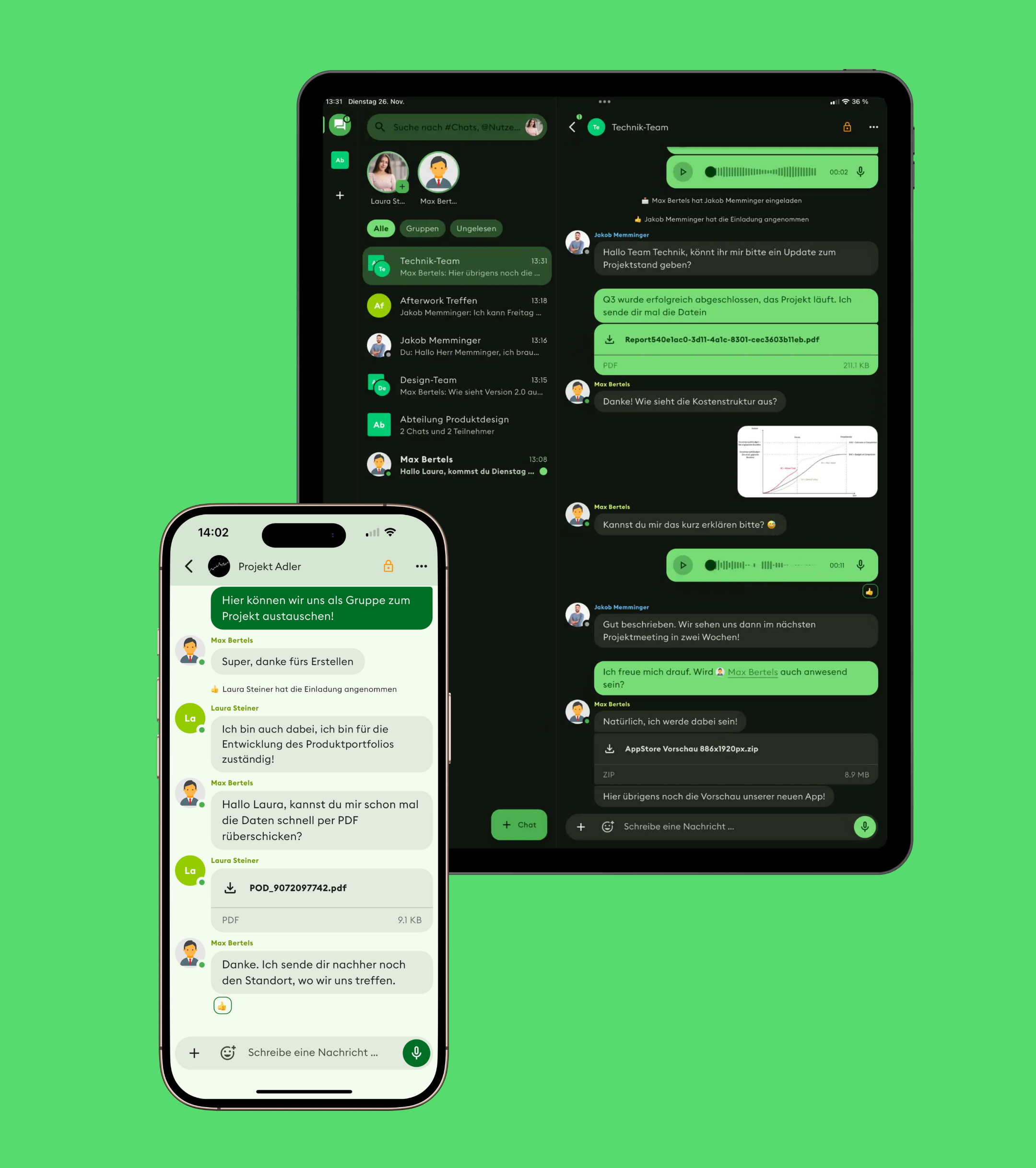 Smartphone and tablet displaying the luckychat messaging application with a group conversation and file sharing. Both dark and light mode of the app are shown.