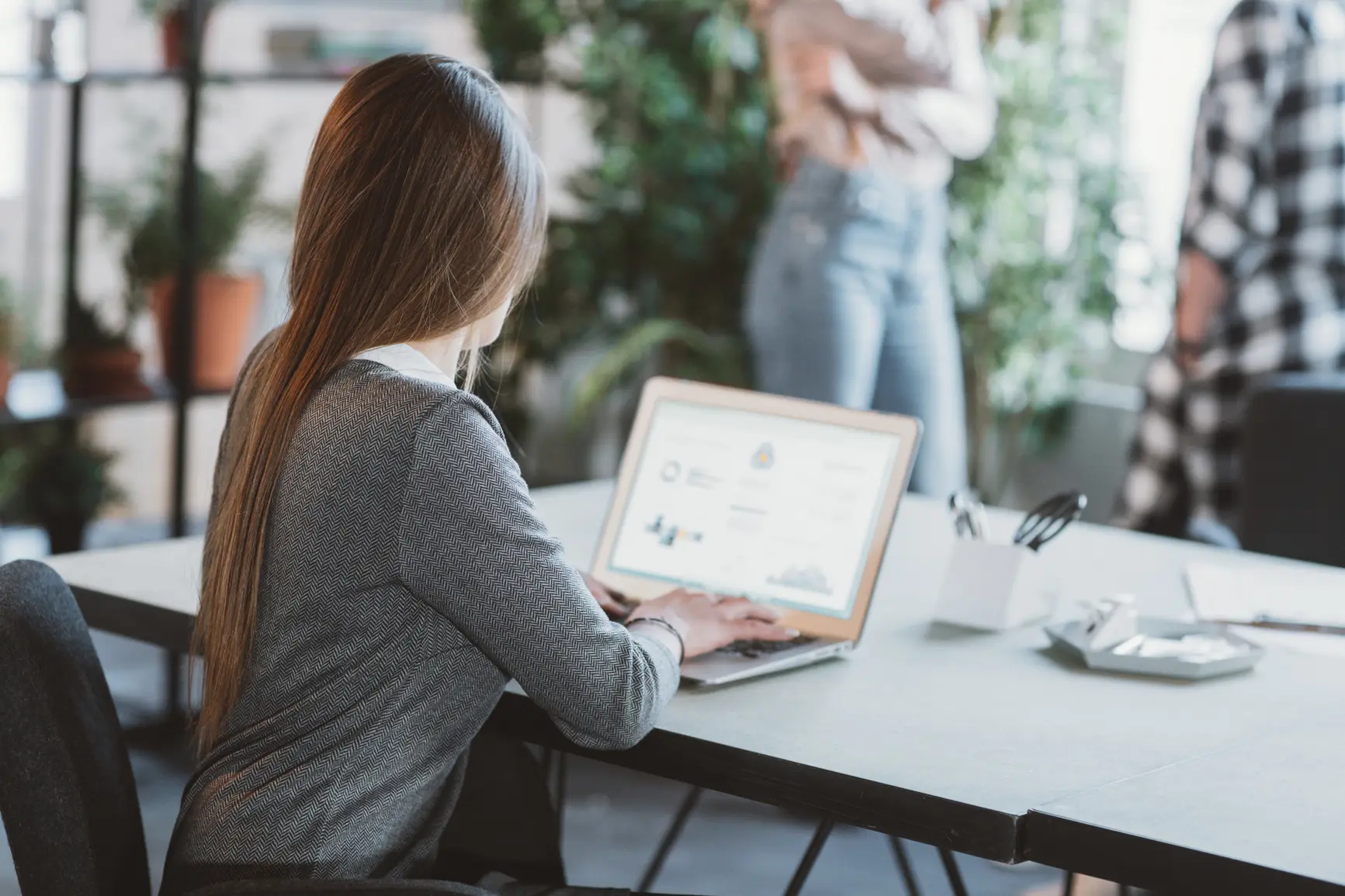 A pA professionally dressed woman is working on a PC, the woman is seen from behind looking at her laptop.