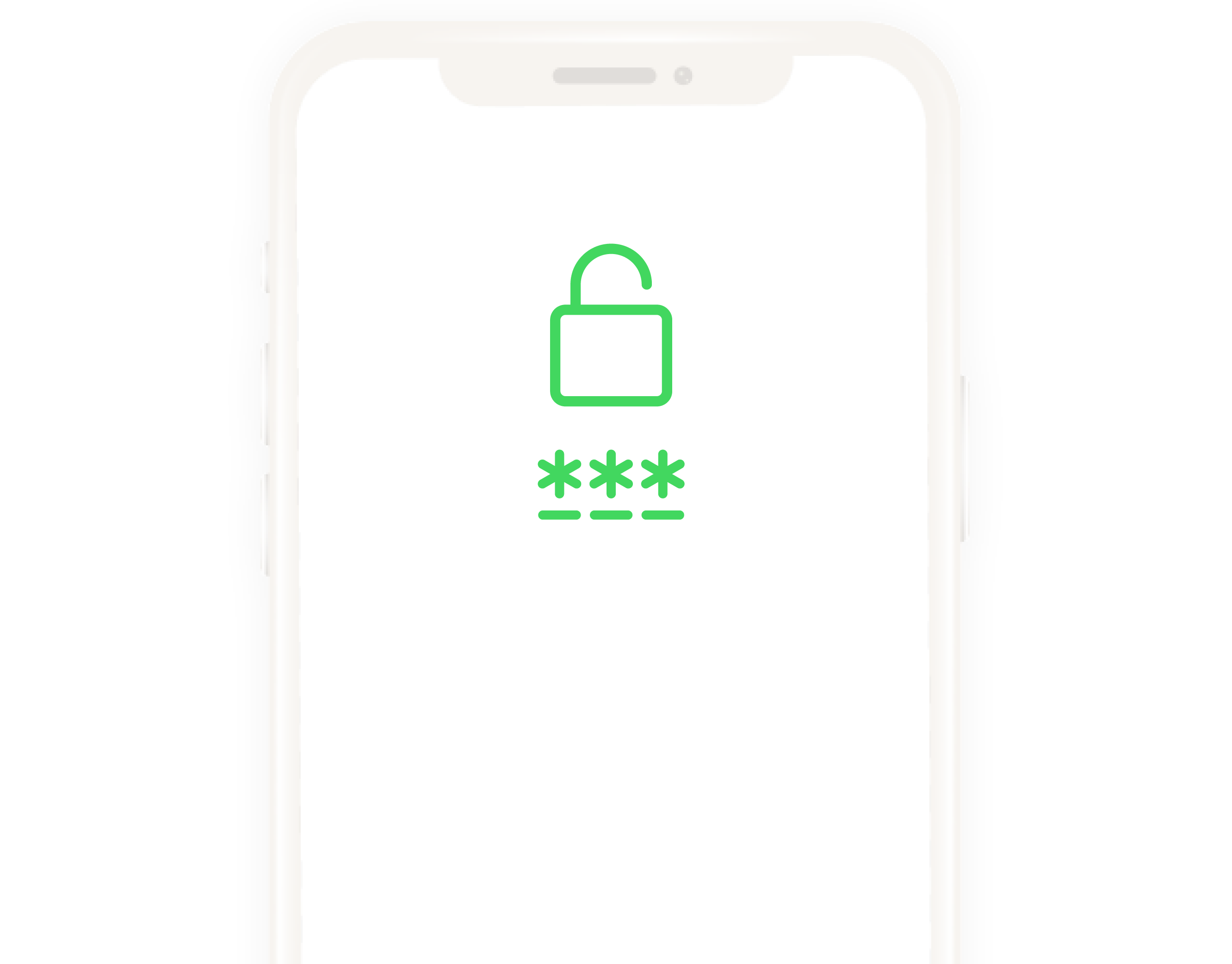 Darstellung der oberen Haelfte eines Smartphones. Auf dem weissen Bildschirm ist ein gruenes Icon eines geoeffneten Sicherheitsschlosses mit drei Sternchen darunter zu sehen.