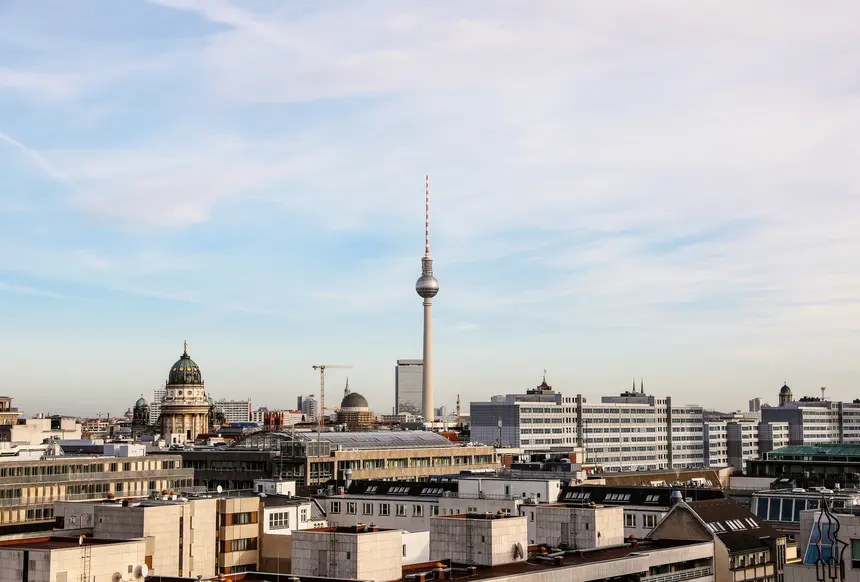 The skyline of Berlin with the prominent TV tower in the center.