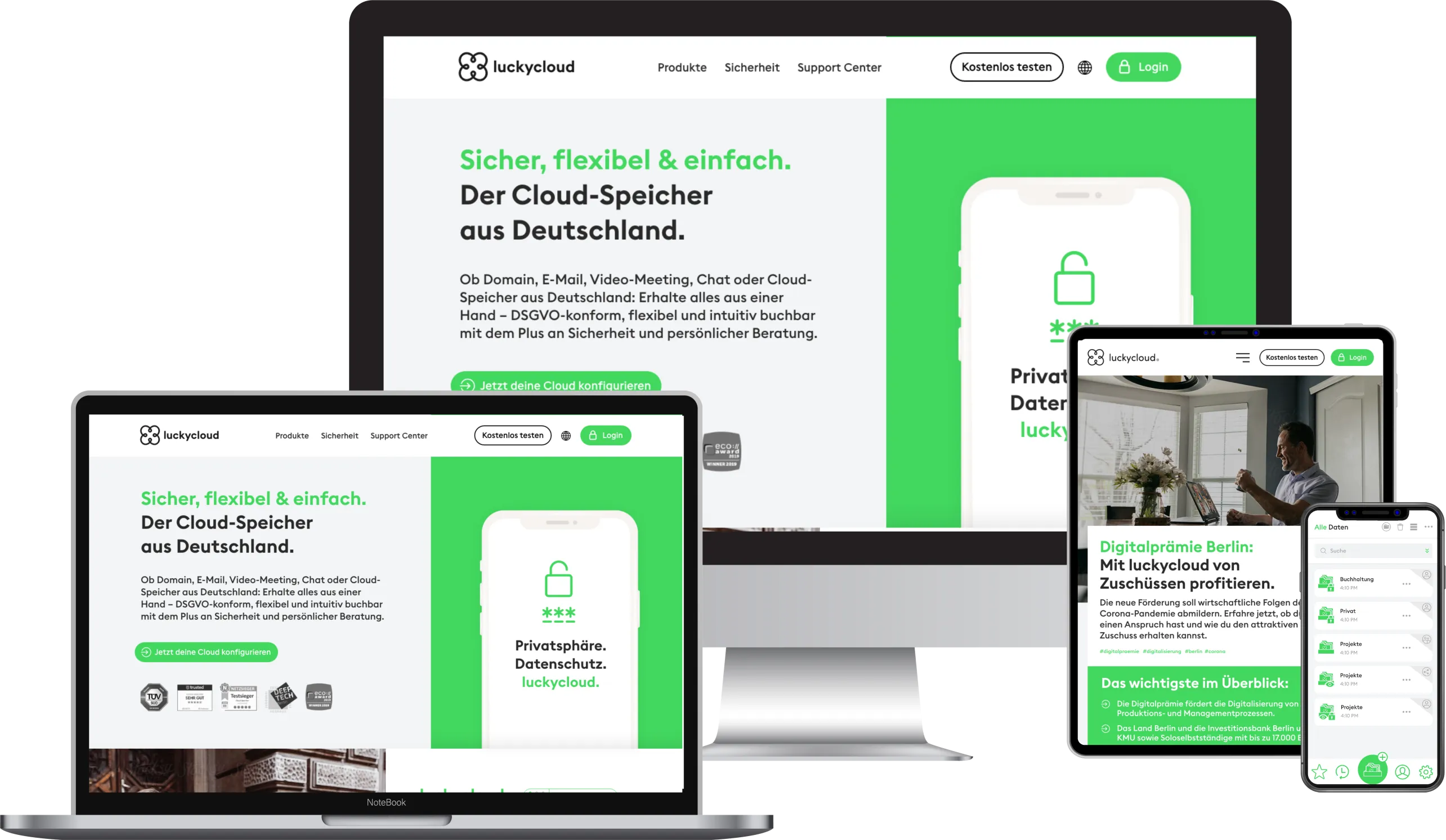 In einem Stand-PC, einem Laptop, einem Tablet und einem Smartphone ist die Startseite von luckycloud geoeffnet.