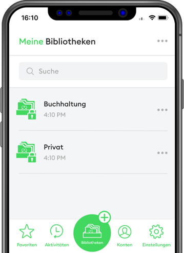 Darstellung eines Smartphones in dem die luckycloud MobileApp geoeffnet ist. Zu sehen sind die Felder Buchhaltung und Privat.