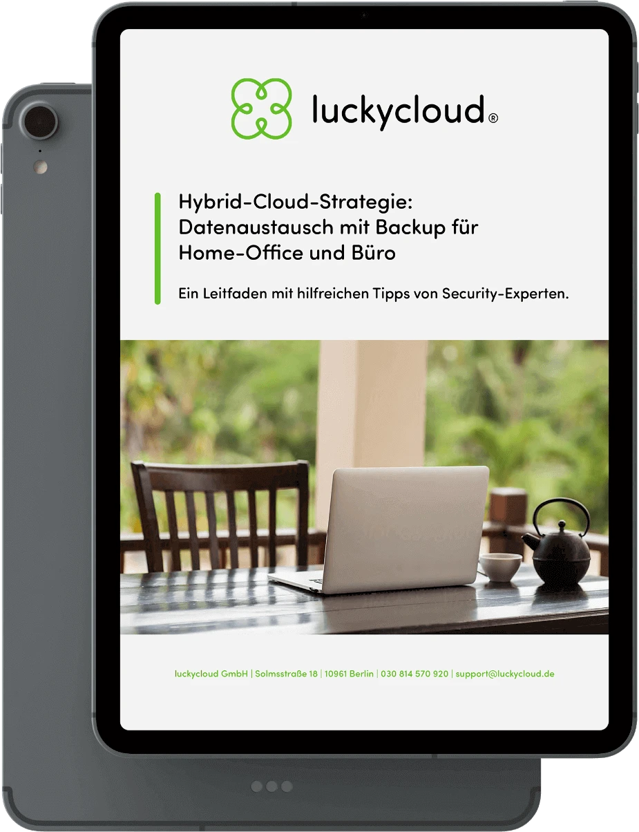 A tablet can be seen from the front. The first page of the luckycloud whitepaper can be seen on the screen.