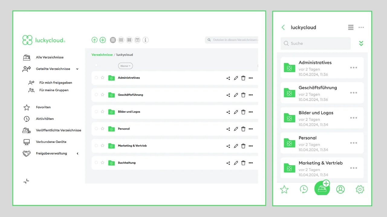 Screenshots der Verzeichnisse in der luckycloud App und Desktop-Version