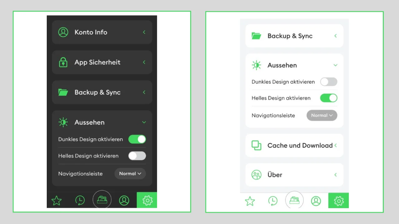 Screenshots der luckycloud App in Dark Mode und Light Mode