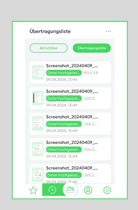 Screenshot luckycloud App Aktivitätenübersicht