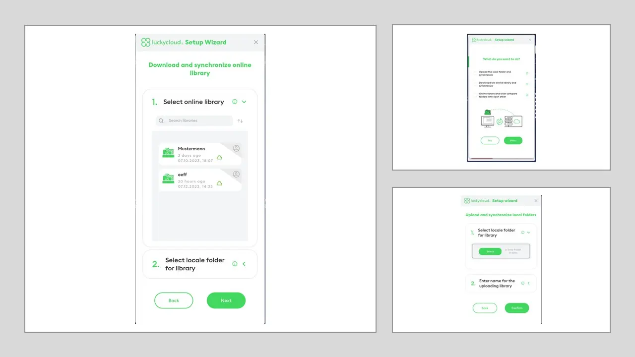 Screenshots of the setup wizard in the luckycloud app