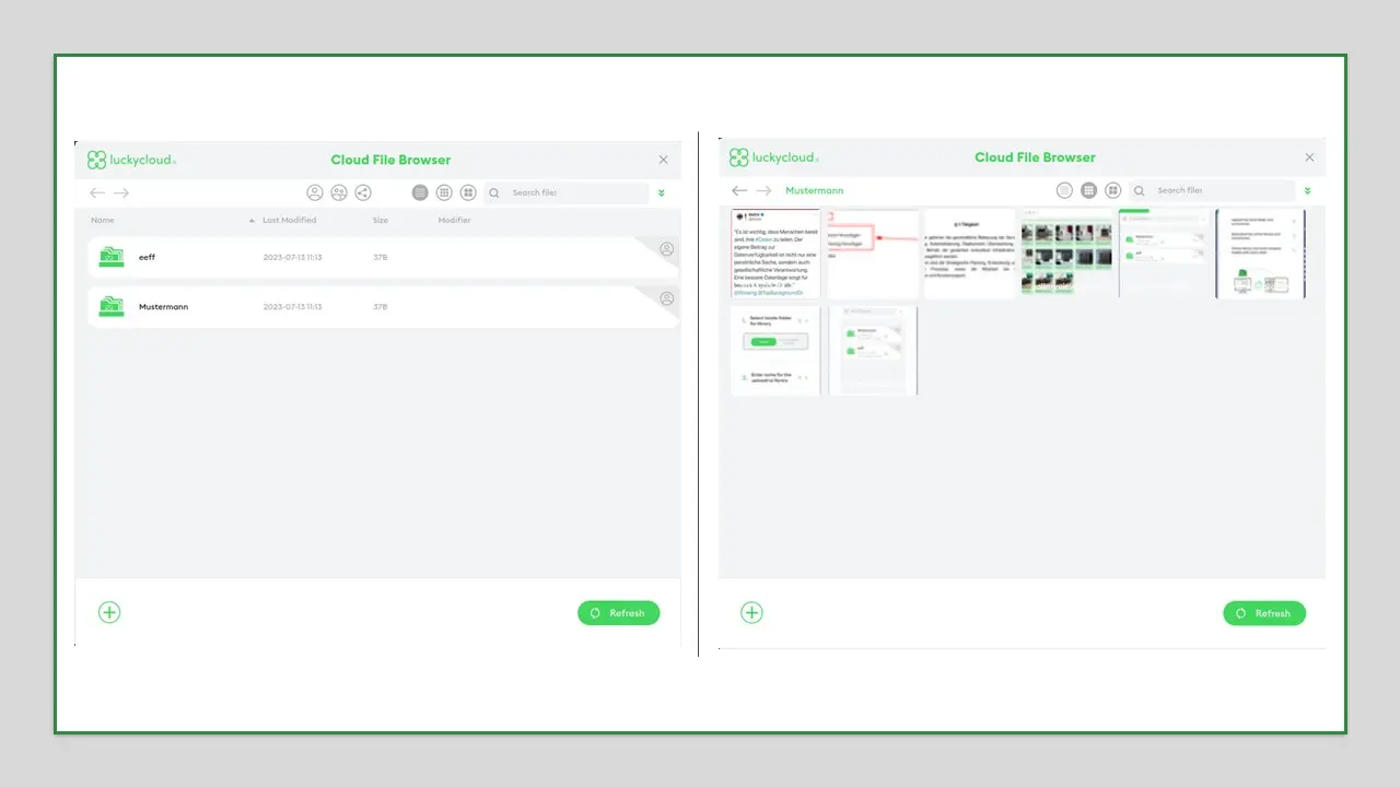 Screenshots des Cloud File Browsers in luckycloud