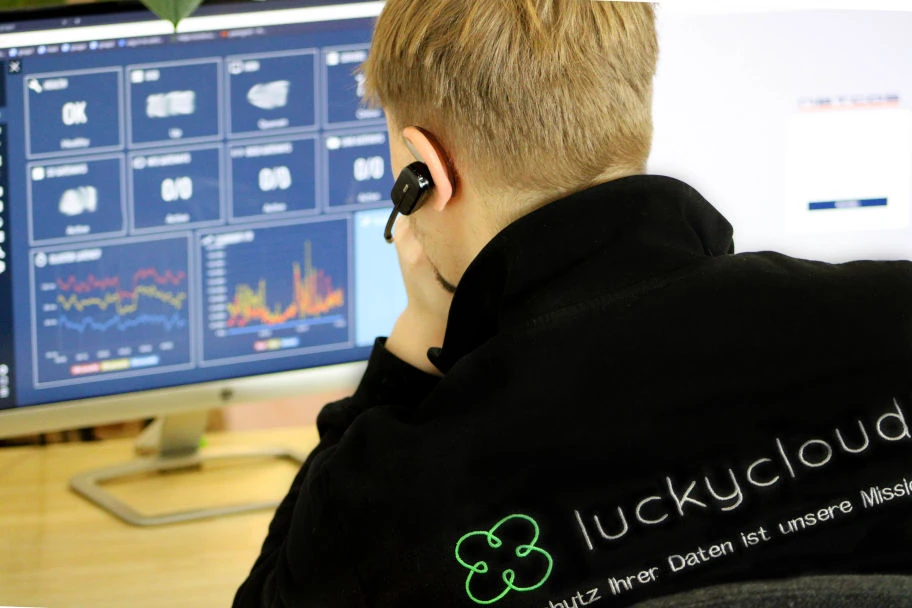 View over the shoulders of a luckycloud employee. On the laptop you can see various graphics and diagrams.