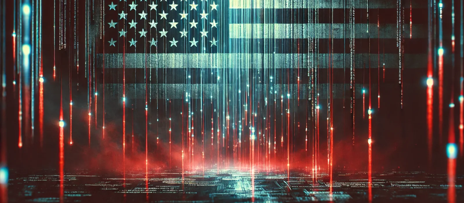 Image of a U.S. flag with stylized data streams. The image symbolizes surveillance, data security risks, and looming cyber threats.