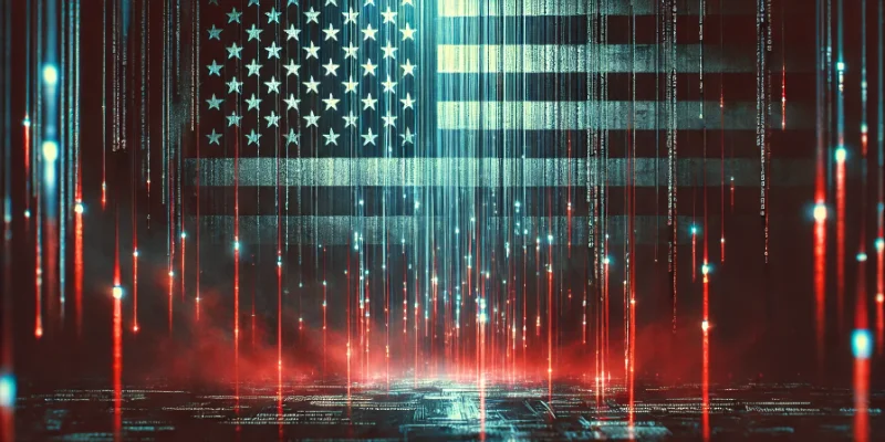 Bild einer US-amerikanischen Flagge mit stilisierten Datenströmen. Das Bild symbolisiert Überwachung, Datensicherheitsrisiken und drohende Cyberbedrohungen.