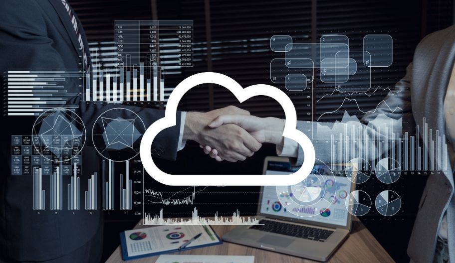 Icon of a data cloud. In the background you can see graphics and two people holding hands.