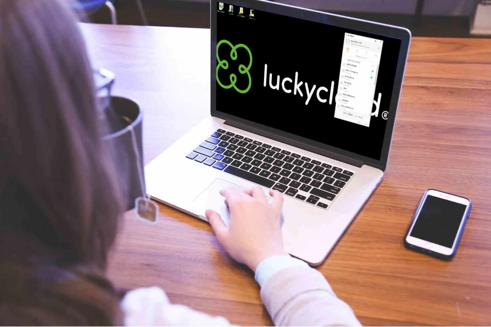 Bird's eye view over the shoulders of a woman. The luckycloud logo can be seen on the screen of a laptop.