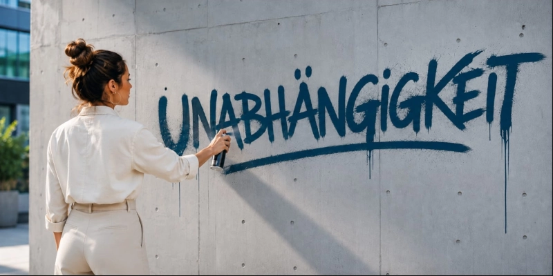 Eine elegant gekleidete Frau sprüht „Unabhängigkeit“ auf eine moderne Betonwand – als Symbol für digitale Souveränität bei der Wahl eines Cloud-Anbieters.