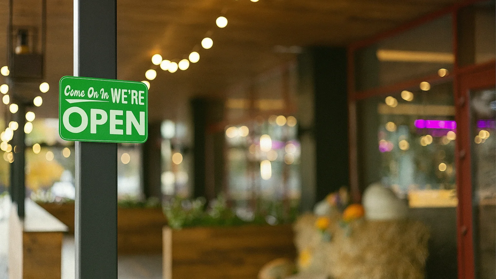Grünes Schild mit der Aufschrift We're open der Open-Source-Cloud luckycloud