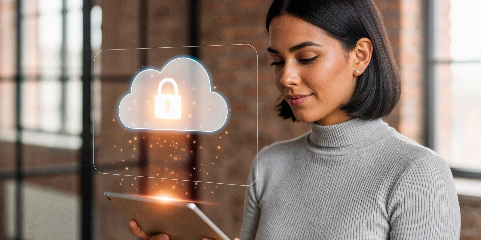 Frau nutzt ein Tablet mit digitalem Cloud-Symbol und Schloss – Sinnbild für sichere, kontrollierbare und souveräne Cloud-Lösungen im Unternehmensalltag.