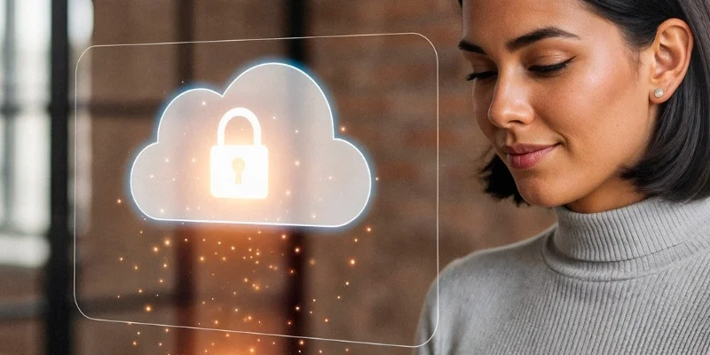 Frau nutzt ein Tablet mit digitalem Cloud-Symbol und Schloss – Sinnbild für sichere, kontrollierbare und souveräne Cloud-Lösungen im Unternehmensalltag.